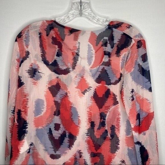 Banana Republic Top Women's S Pink Blue Pattern Sheer Asymmetrical Hem Tie Neck - Picture 7 of 10